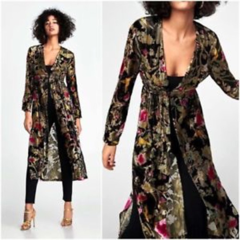 Zara black velvet jacquard floral kimono jacket